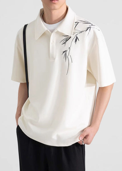 Loose Cotton Mens Apricot Shirt Polo Button Print Summer FashionChic