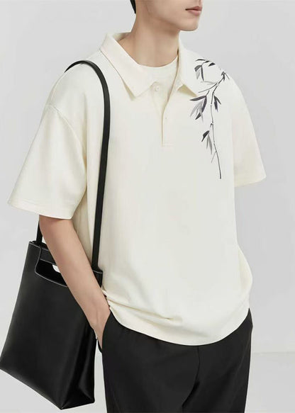 Loose Cotton Mens Apricot Shirt Polo Button Print Summer FashionChic