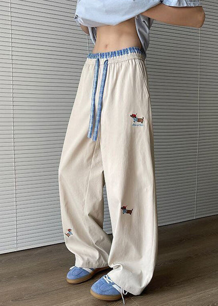 Embroideried Apricot Drawstring Mens Pockets Loose Pants Cotton FashionChic