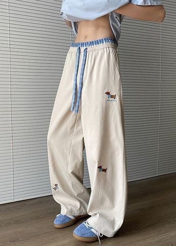 Embroideried Apricot Drawstring Mens Pockets Loose Pants Cotton FashionChic