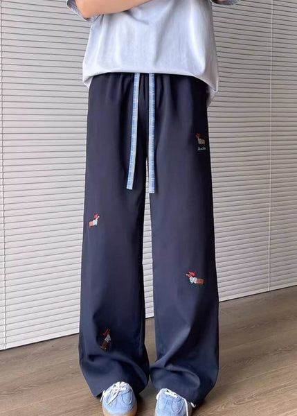 Embroideried Apricot Drawstring Mens Pockets Loose Pants Cotton FashionChic