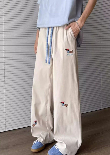 Embroideried Apricot Drawstring Mens Pockets Loose Pants Cotton FashionChic