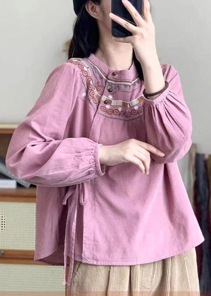 Loose Apricot Lace Up Button Print Cotton Shirt Long Sleeve Ada Fashion
