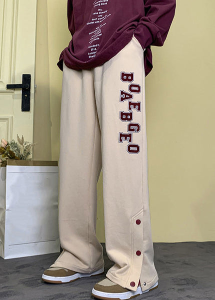 Loose Apricot Letter Button Side Open Warm Fleece Mens Pants Winter WA042 MENP241110