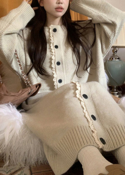 Loose Apricot O Neck Lace Button Patchwork Knit Dress Spring YY016 ABC