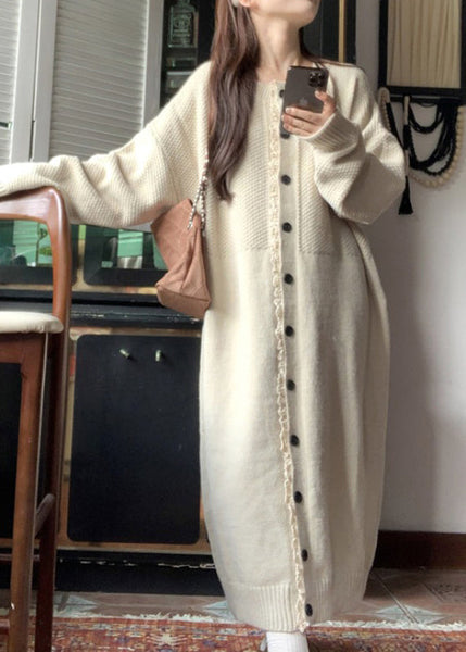 Loose Apricot O Neck Lace Button Patchwork Knit Dress Spring YY016 ABC