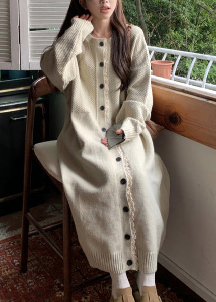 Loose Apricot O Neck Lace Button Patchwork Knit Dress Spring YY016 ABC