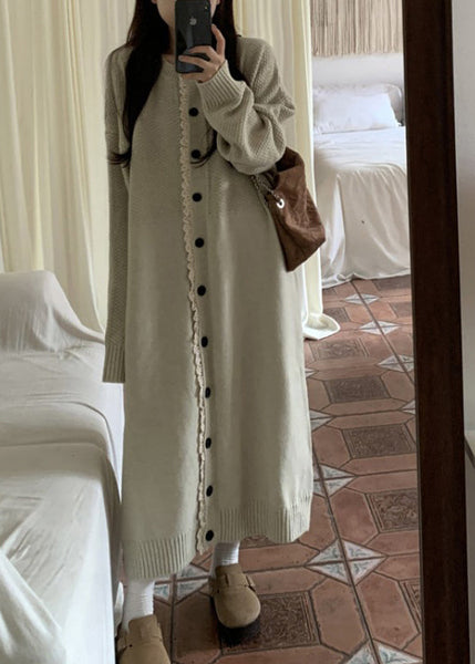 Loose Apricot O Neck Lace Button Patchwork Knit Dress Spring YY016 ABC