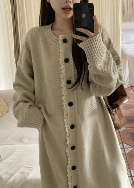 Loose Apricot O Neck Lace Button Patchwork Knit Dress Spring YY016 ABC