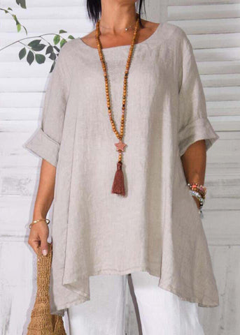 Loose Apricot O Neck Pockets Linen T Shirts Half Sleeve FF048 MZF-HTP240607