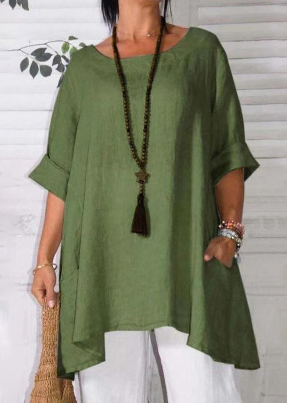 Loose Apricot O Neck Pockets Linen T Shirts Half Sleeve FF048 MZF-HTP240607