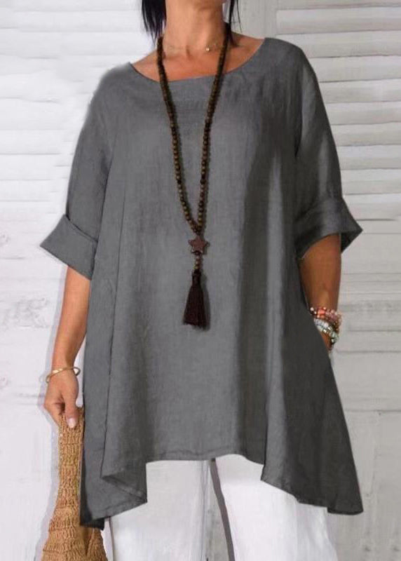 Loose Apricot O Neck Pockets Linen T Shirts Half Sleeve FF048 MZF-HTP240607
