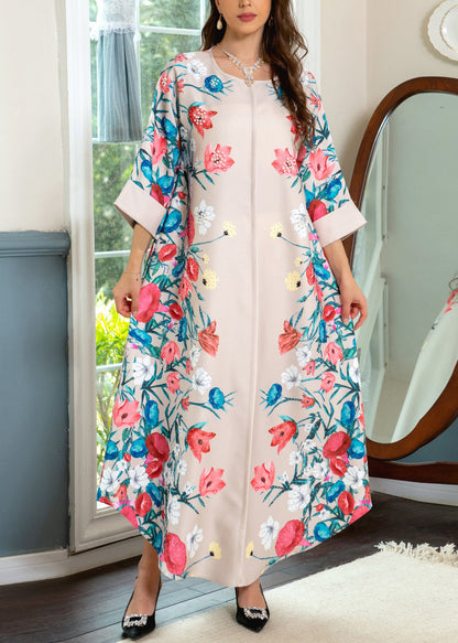 Loose Apricot O Neck Print Cotton Robe Dresses Spring AA1020 Ada Fashion