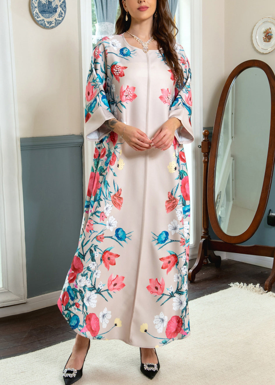 Loose Apricot O Neck Print Cotton Robe Dresses Spring AA1020 Ada Fashion