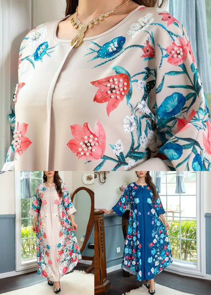 Loose Apricot O Neck Print Cotton Robe Dresses Spring AA1020 Ada Fashion