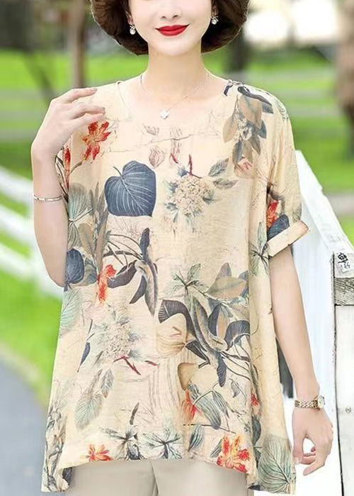 Loose Apricot O Neck Print Cotton T Shirts Short Sleeve OP1010 Ada Fashion