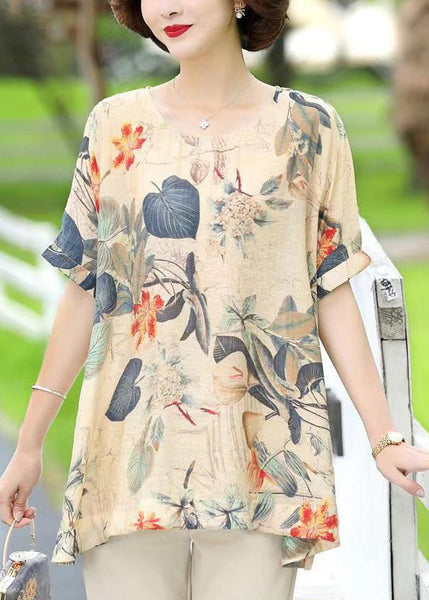 Loose Apricot O Neck Print Cotton T Shirts Short Sleeve OP1010 Ada Fashion