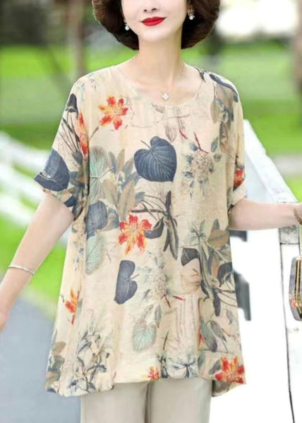 Loose Apricot O Neck Print Cotton T Shirts Short Sleeve OP1010 Ada Fashion