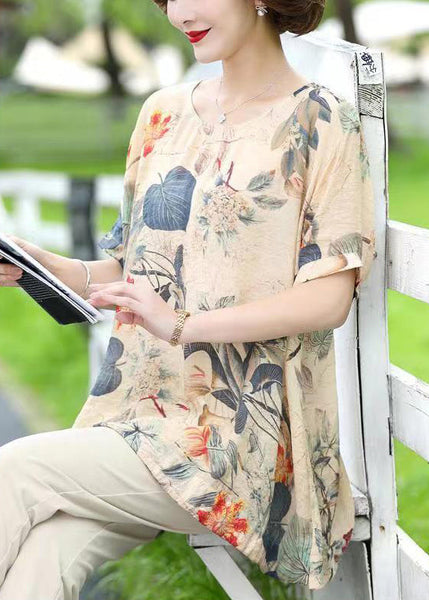 Loose Apricot O Neck Print Cotton T Shirts Short Sleeve OP1010 Ada Fashion