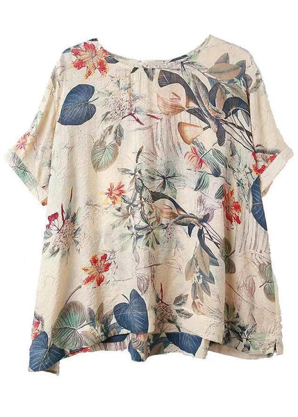 Loose Apricot O Neck Print Cotton T Shirts Short Sleeve OP1010 Ada Fashion