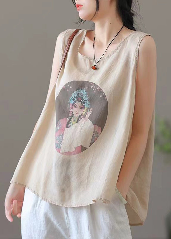 Loose Apricot O-Neck Print Linen Tank Sleeveless RE021 MZF-VTP240807