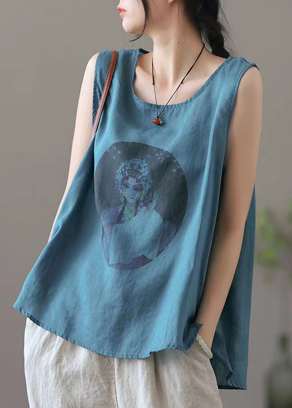 Loose Apricot O-Neck Print Linen Tank Sleeveless RE021 MZF-VTP240807