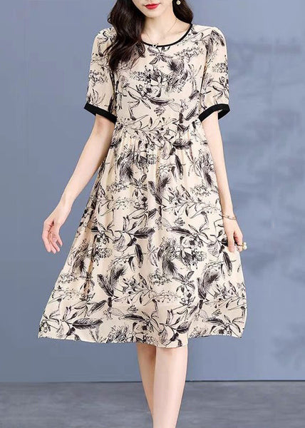 Loose Apricot O Neck Print Silk Dress Short Sleeve OP1074 Ada Fashion