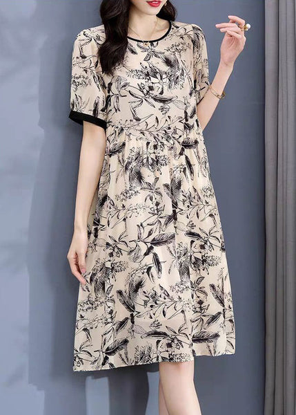 Loose Apricot O Neck Print Silk Dress Short Sleeve OP1074 Ada Fashion