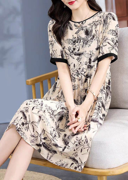 Loose Apricot O Neck Print Silk Dress Short Sleeve OP1074 Ada Fashion