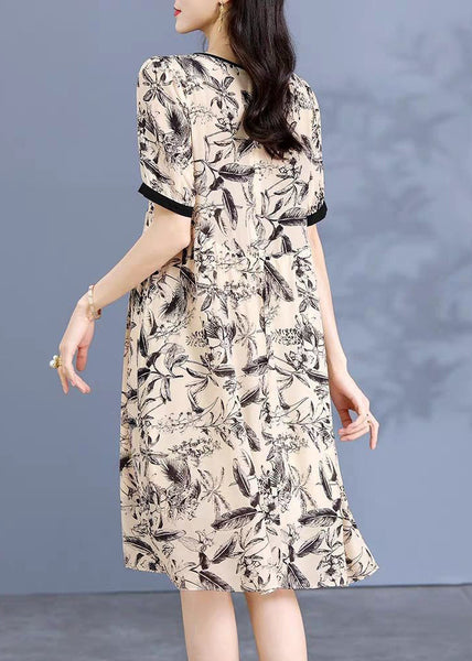 Loose Apricot O Neck Print Silk Dress Short Sleeve OP1074 Ada Fashion