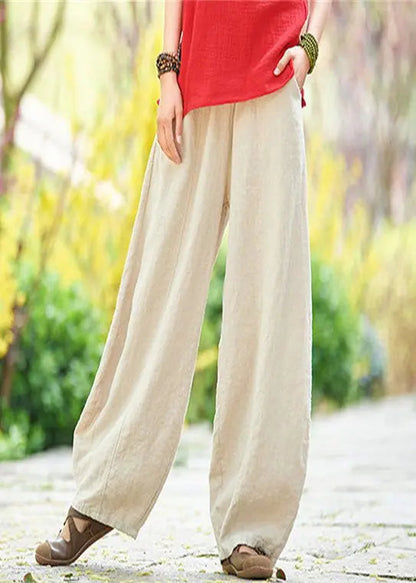 Loose Apricot Pockets Elastic Waist Linen Pants Summer Ada Fashion