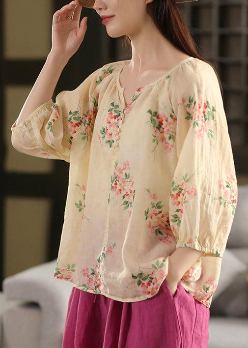 Loose Blouses Thin Apricot Button Print Linen Summer FashionChic