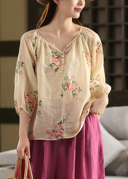 Loose Blouses Thin Apricot Button Print Linen Summer FashionChic