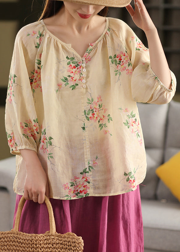 Loose Blouses Thin Apricot Button Print Linen Summer FashionChic