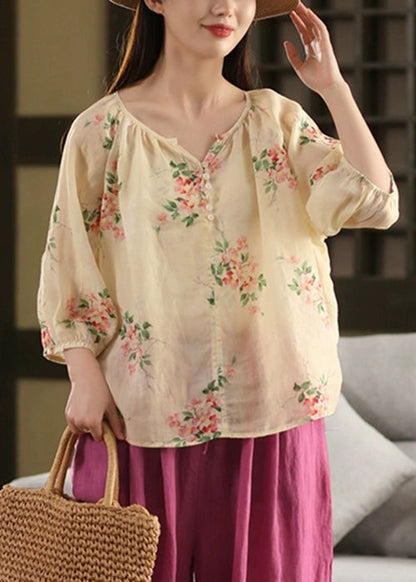Loose Blouses Thin Apricot Button Print Linen Summer FashionChic