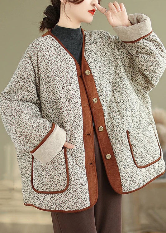 Loose Apricot Print Pockets Patchwork Warm Fleece Coat Winter QG043 OM-DJK241016