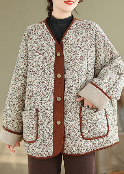 Loose Apricot Print Pockets Patchwork Warm Fleece Coat Winter QG043 OM-DJK241016