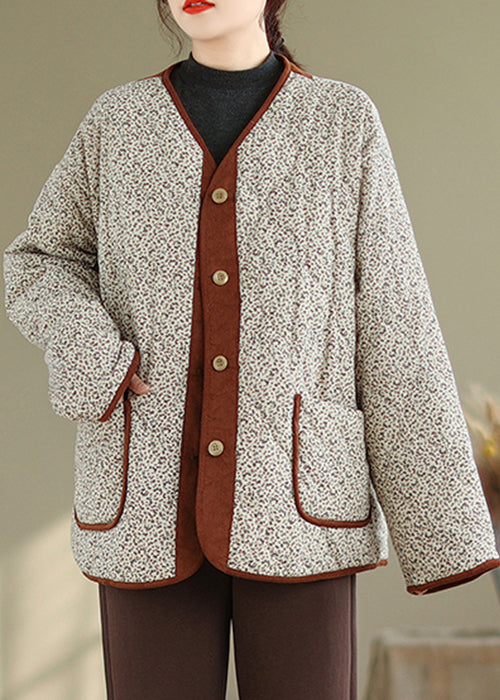 Loose Apricot Print Pockets Patchwork Warm Fleece Coat Winter QG043 OM-DJK241016