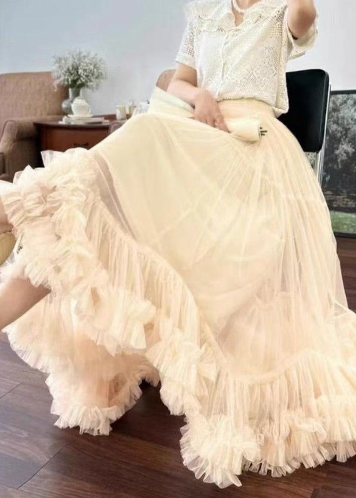 Loose Apricot Ruffled Elastic Waist Tulle Skirts Summer Ada Fashion