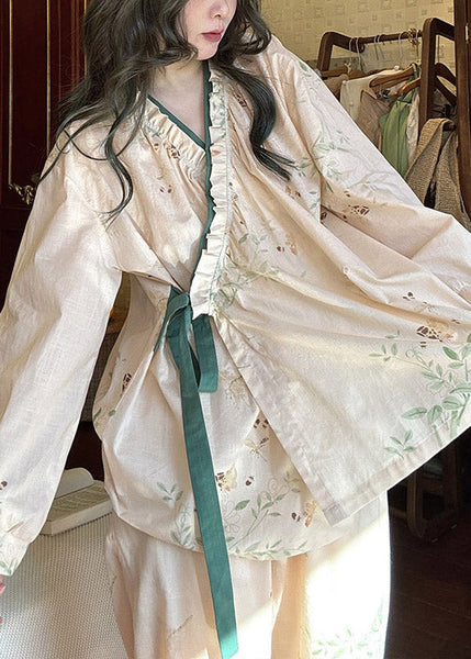 Loose Lace Up Print Pieces Pajamas Apricot Two Cotton Set Ruffled FashionChic