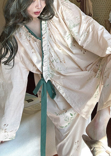 Loose Lace Up Print Pieces Pajamas Apricot Two Cotton Set Ruffled FashionChic