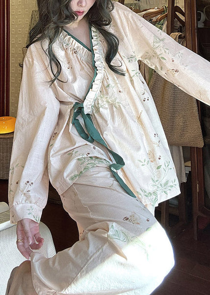 Loose Lace Up Print Pieces Pajamas Apricot Two Cotton Set Ruffled FashionChic