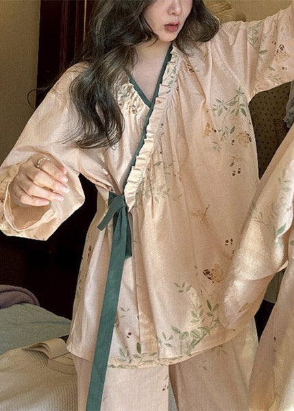 Loose Lace Up Print Pieces Pajamas Apricot Two Cotton Set Ruffled FashionChic