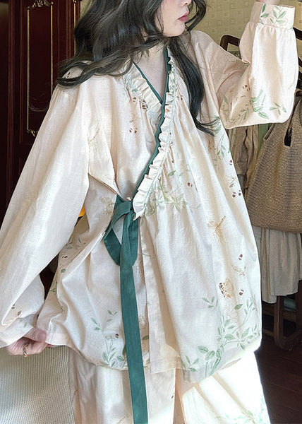 Loose Lace Up Print Pieces Pajamas Apricot Two Cotton Set Ruffled FashionChic