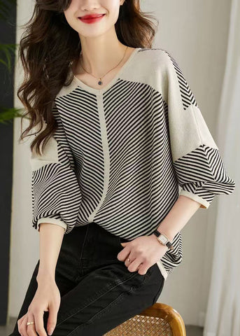 V Patchwork Apricot Loose Neck Striped Sweaters Spring Knit FashionChic
