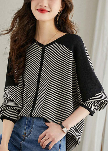 V Patchwork Apricot Loose Neck Striped Sweaters Spring Knit FashionChic
