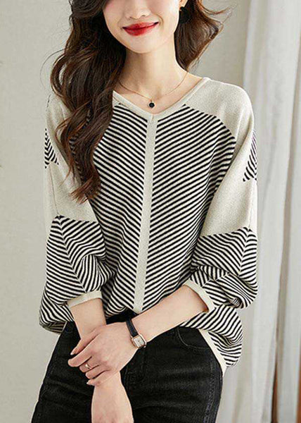 V Patchwork Apricot Loose Neck Striped Sweaters Spring Knit FashionChic