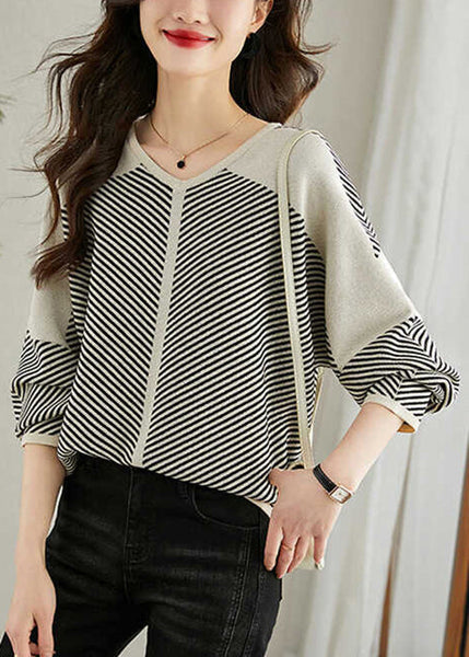 V Patchwork Apricot Loose Neck Striped Sweaters Spring Knit FashionChic