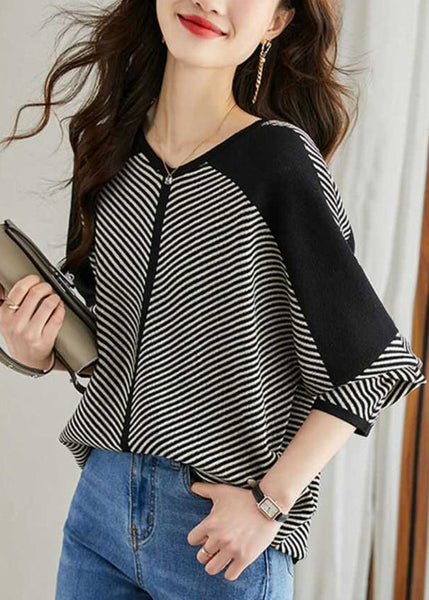 V Patchwork Apricot Loose Neck Striped Sweaters Spring Knit FashionChic