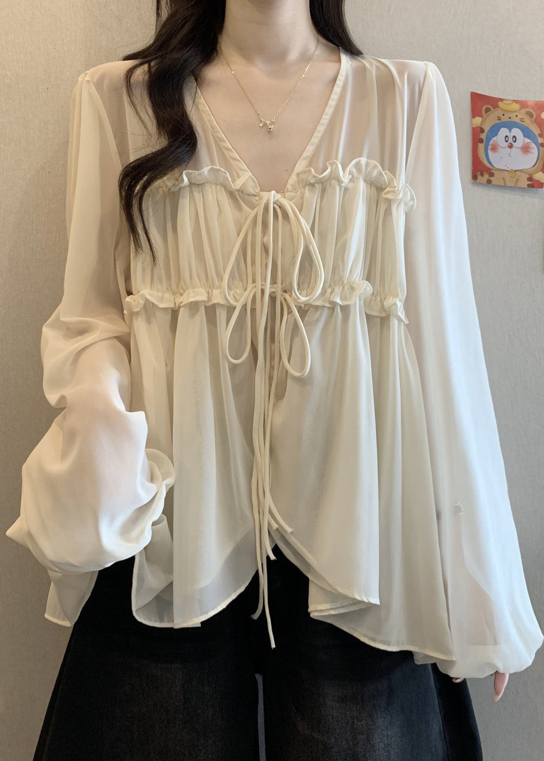 Loose Chiffon Ruffled Fall V Shirt Apricot Neck FashionChic